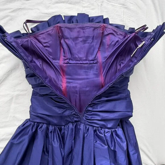 VINTAGE 80s Prom Glam Nili Martin Ruched Bow Strapless Purple Party Dress Sz XS - Picture 16 of 16